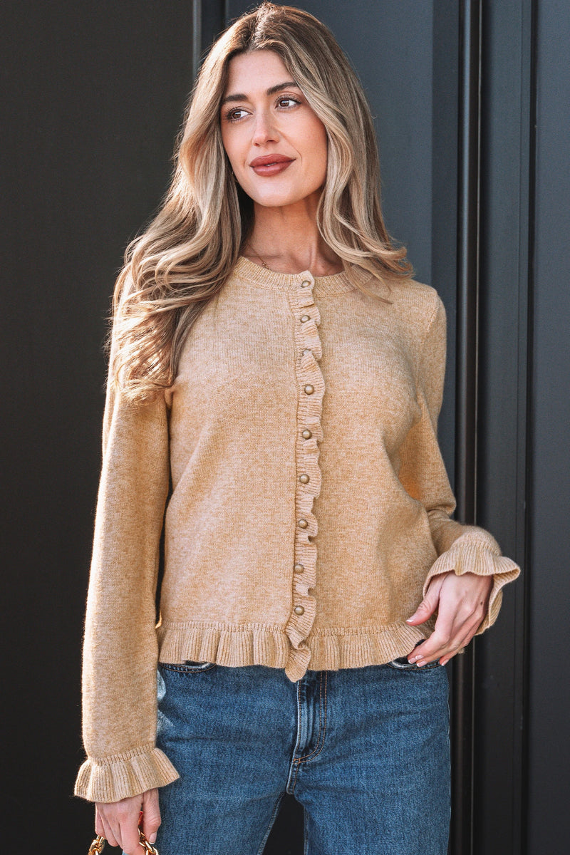Load image into Gallery viewer, DLLS403 - Ladies Oatmeal Ruffle Trim Gold Button Sweater Cardigan
