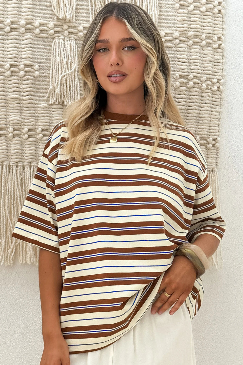 Load image into Gallery viewer, DLLS698 - Ladies Brown Stripe Women's Casual Oversized Tee
