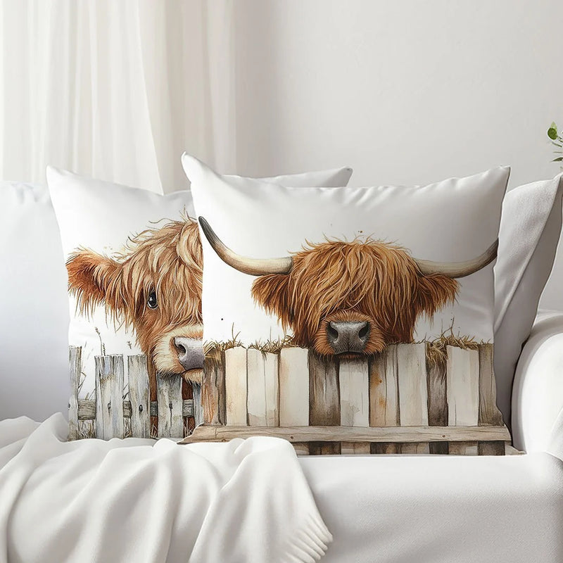 Load image into Gallery viewer, TMPLT6 - Set of 2 Highland Cow Printed Throw Pillows
