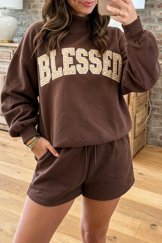 DLLS974 - Ladies Coffee Christmas Slogan Print Mock Neck Pullover and Shorts Set