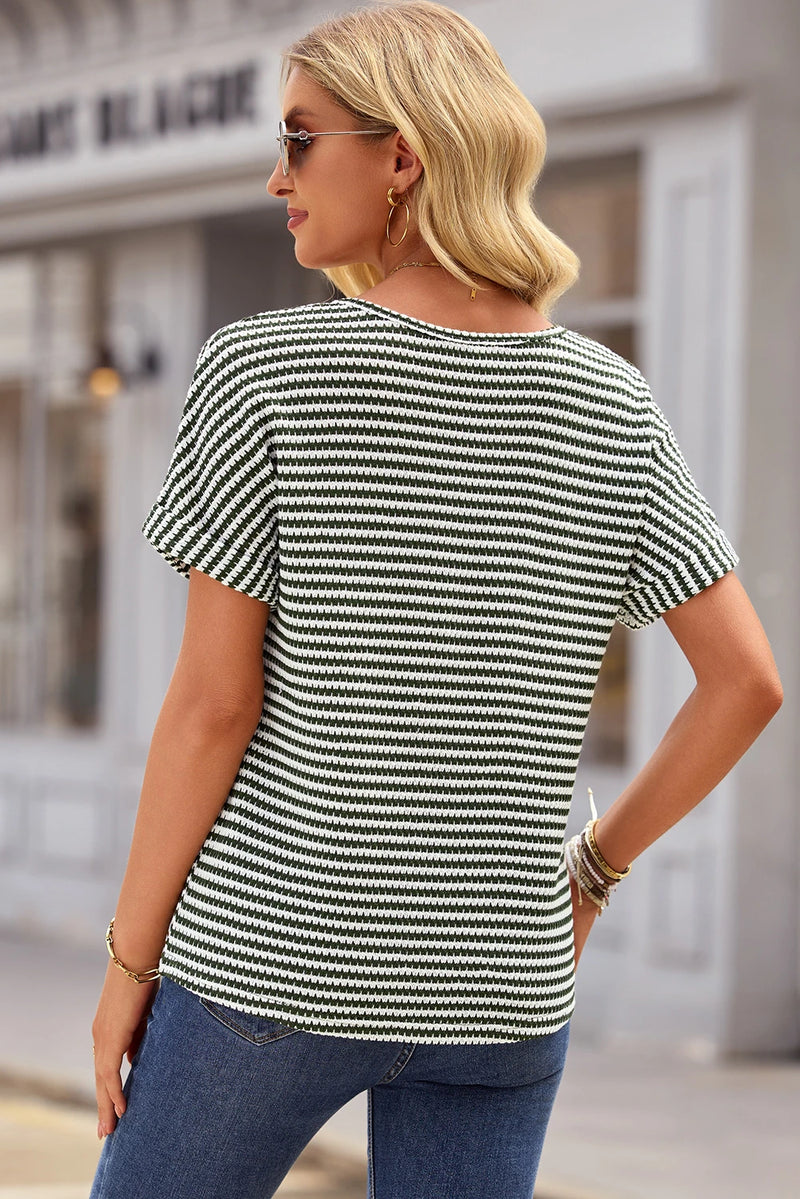 Load image into Gallery viewer, DLLS547 - Ladies Green Stripe Textured Knit Notched Neck Cuffed Short Sleeve Top
