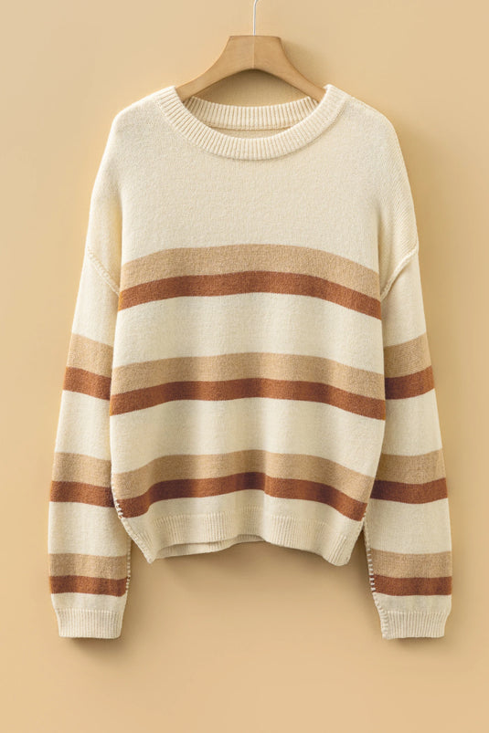 DLLS924 - Ladies Khaki Stripe Exposed Seam Drop Shoulder Knit Baggy Sweater