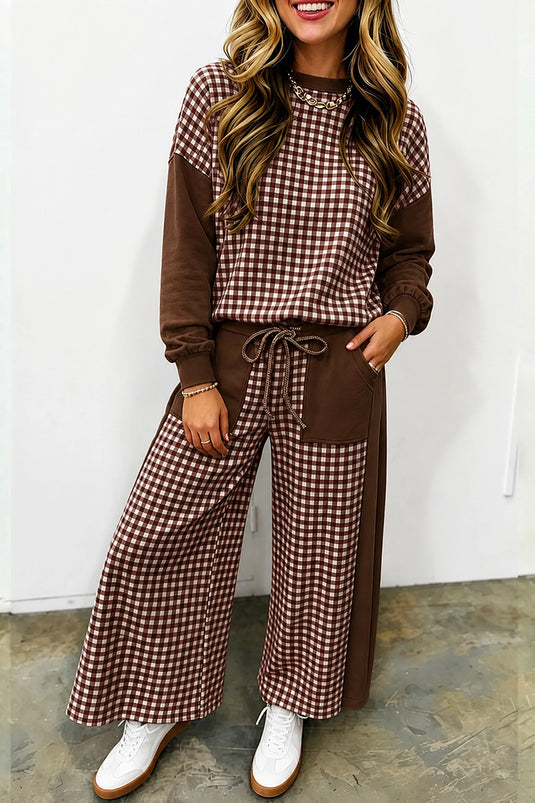 DLLS1076 - Ladies Brown Color Block Plaid Patchwork Long Sleeve Wide Leg Pant Set