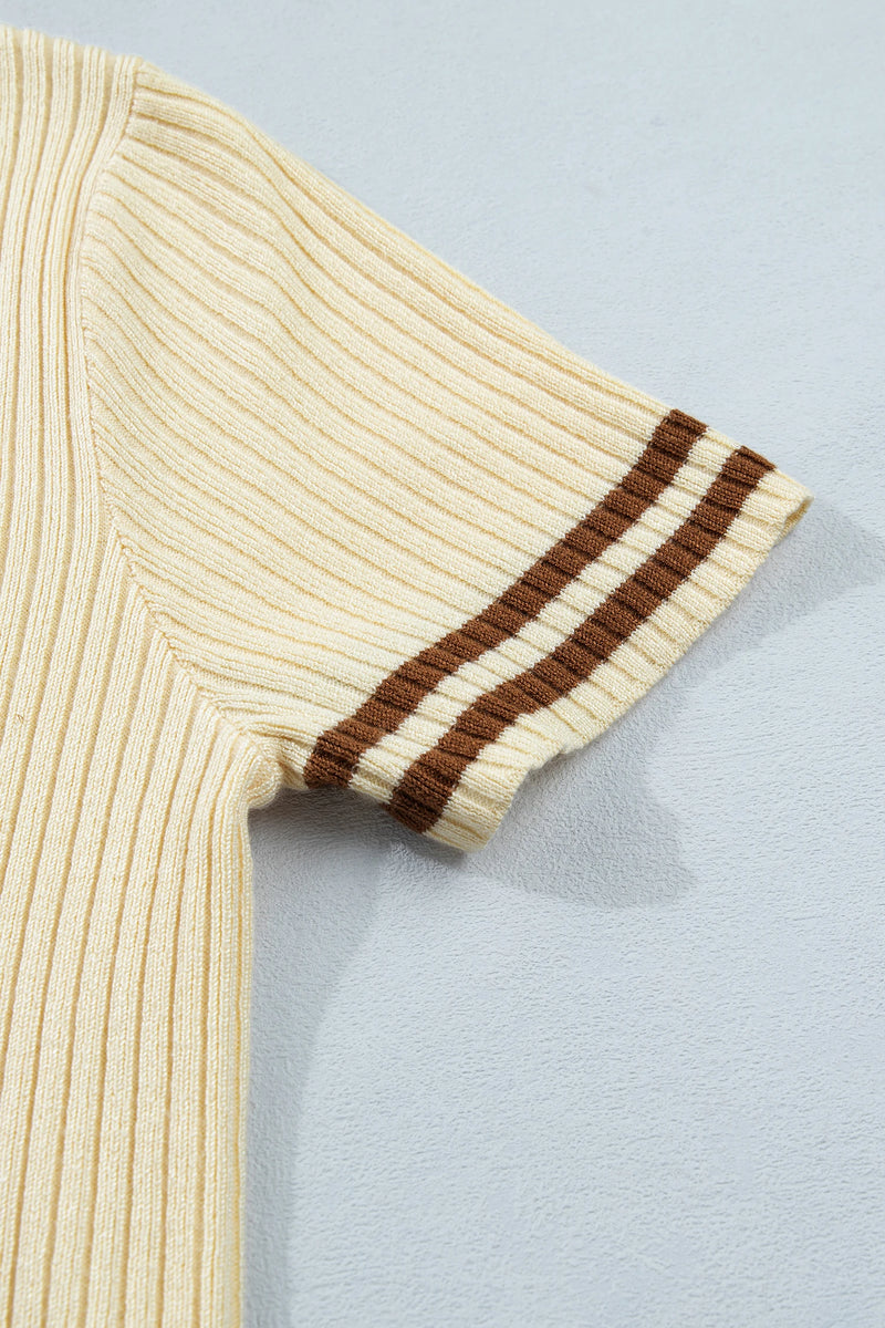 Load image into Gallery viewer, DLLS580 - Ladies Apricot V Neck Ribbed Knit Striped Trim Short Sleeve Sweater
