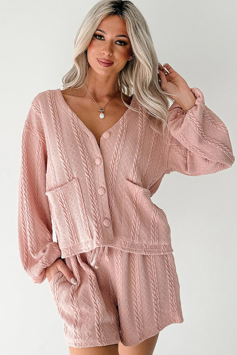 Load image into Gallery viewer, DLLS369 - Ladies Gossamer Pink Cable Knit V Neck Cardigan Shorts Set
