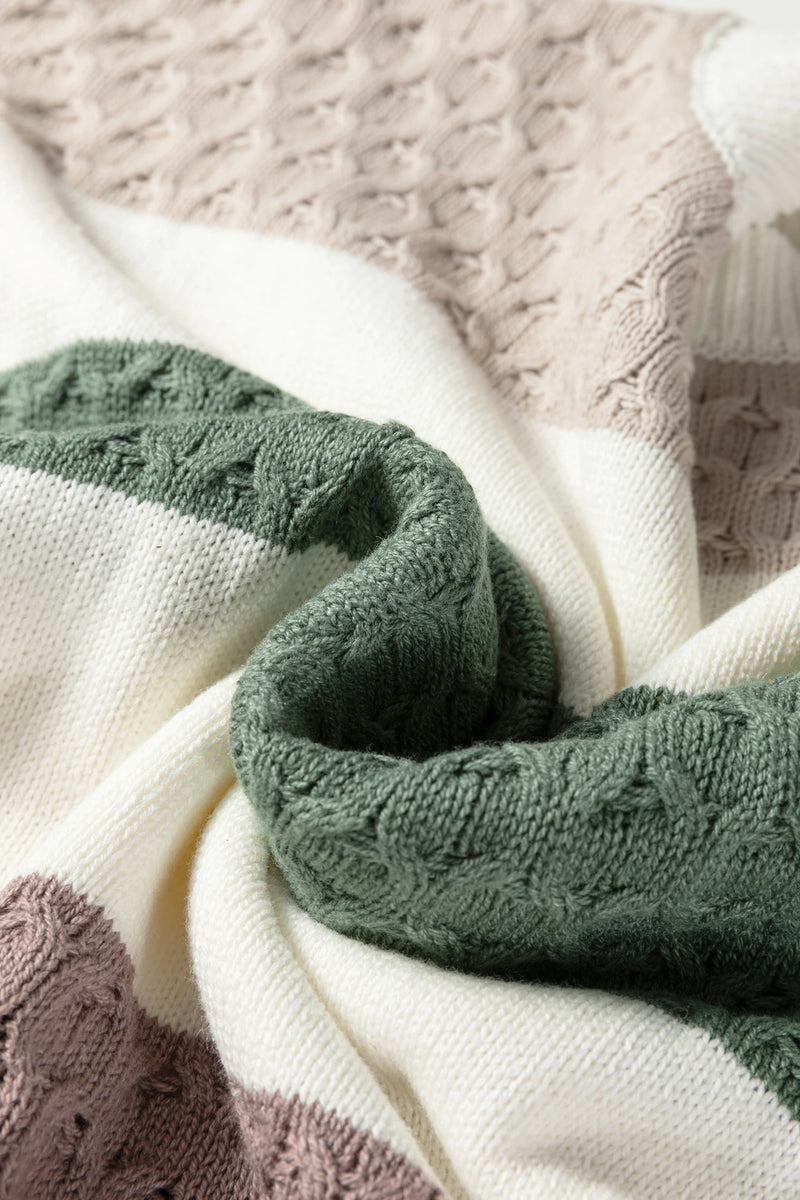 Load image into Gallery viewer, DLLS336 - Ladies Green Mixed Texture Knit Striped Color Block Loose Sweater
