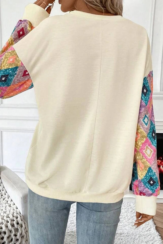 DLLS144 - Ladies Apricot Geometric Printed Patchwork Long Sleeve Round Neck Top