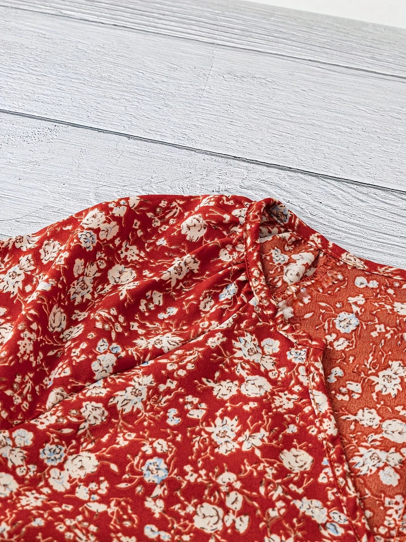 Load image into Gallery viewer, TMTSHT108 - Ladies Red Floral Print V Neck Shirt
