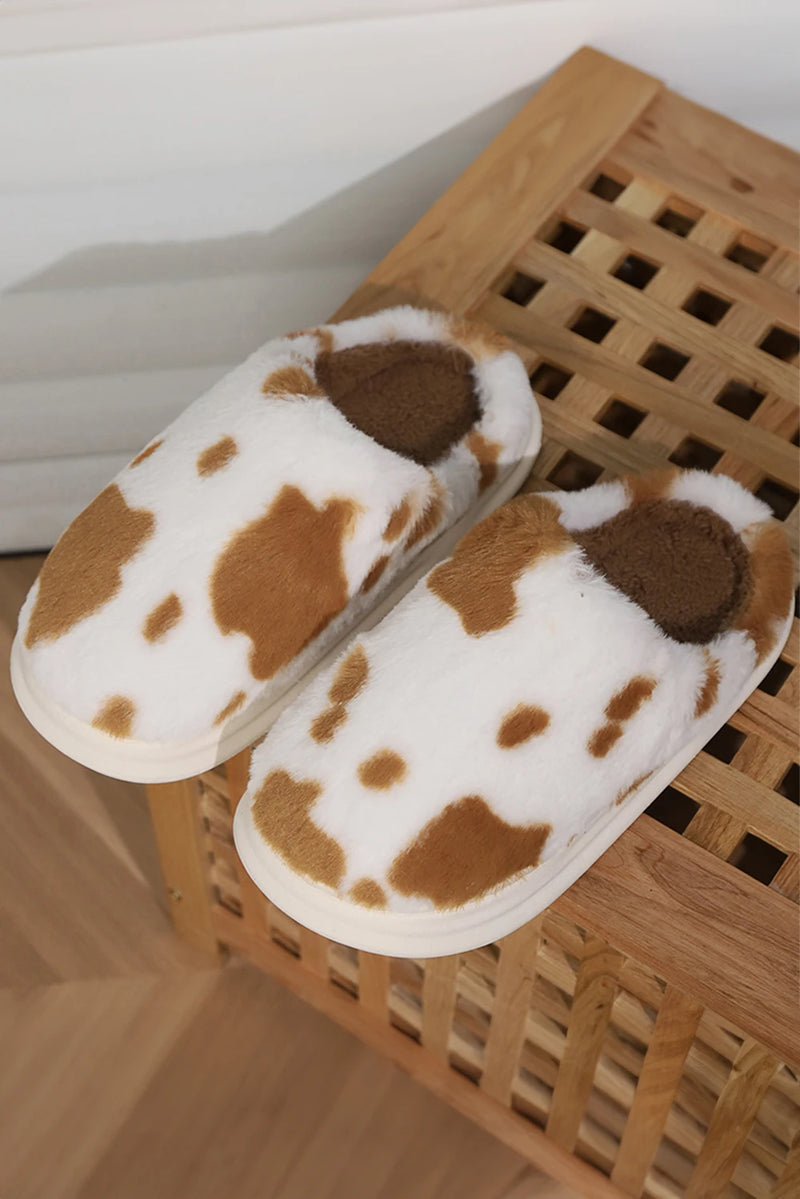 Load image into Gallery viewer, DLLSHOE 128 - Chestnut Cow Spot Printed Plush Home Slippers
