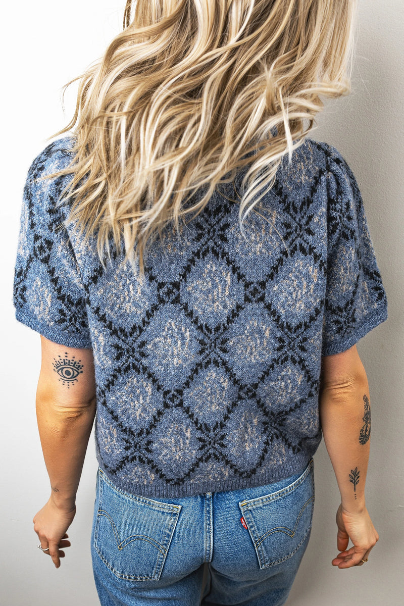 Load image into Gallery viewer, DLLS796 - Ladies Dark Blue Short Sleeve Button Front Boho Knit Top Cardigan
