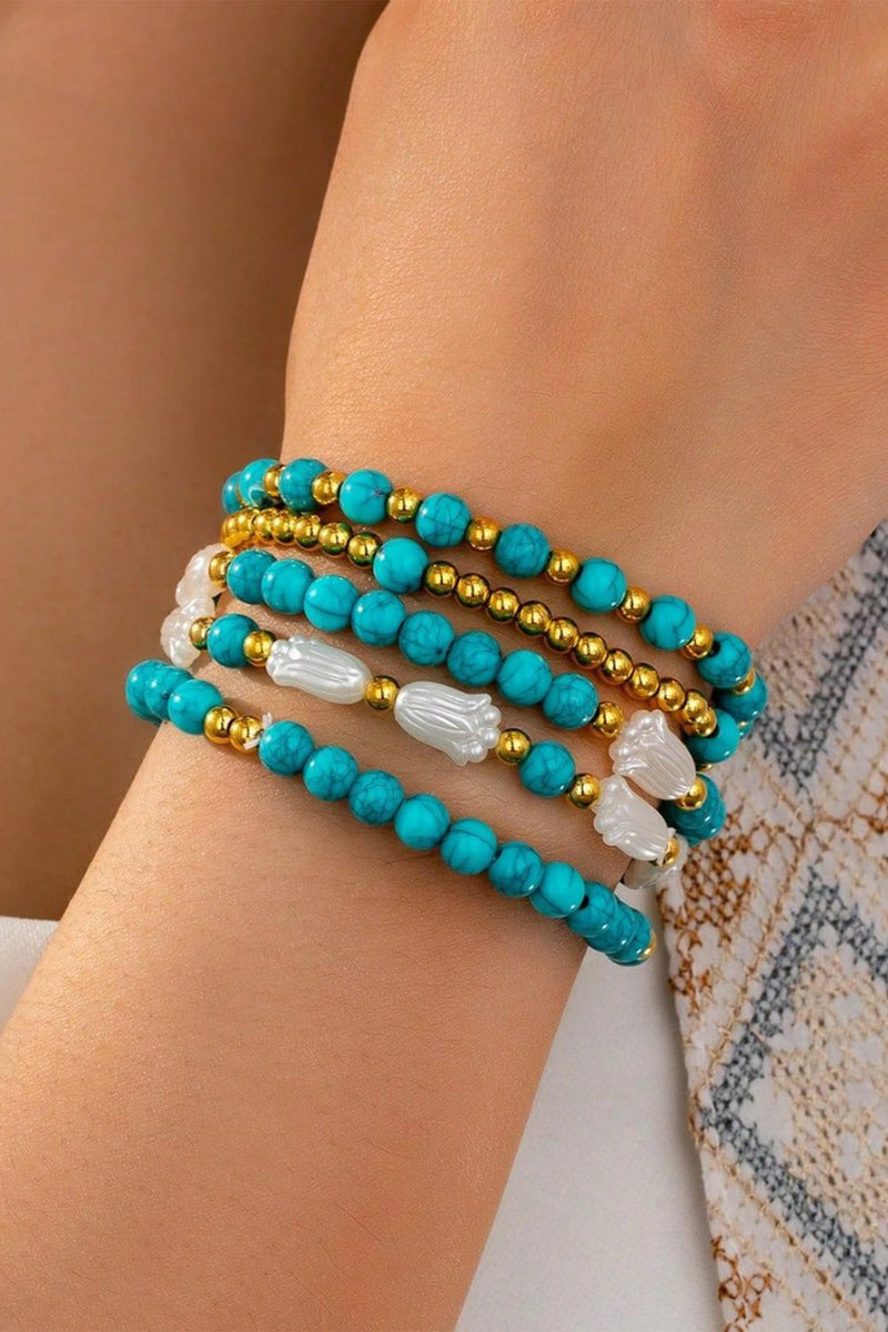 Load image into Gallery viewer, DLLBC 22 - Turquoise Mixed Golden Beads Pearlish Detail 5pcs Bracelet Set
