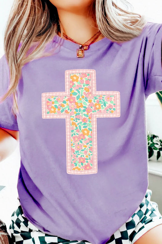 DLLS465 - Ladies Wisteria Easter Floral Cross Christian Casual Tee