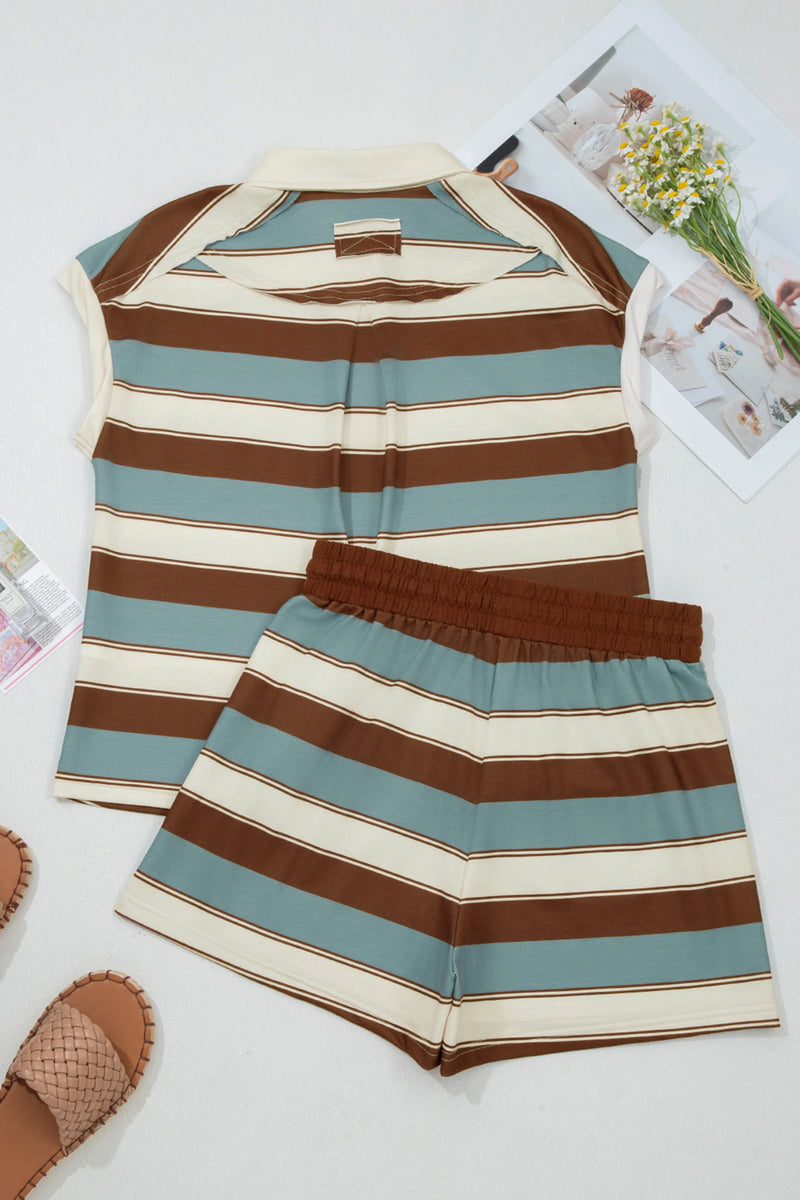 Load image into Gallery viewer, DLLS500 - Ladies Stripe Polo Collar Tee Drawstring Waist Patchwork 2pcs Short Set
