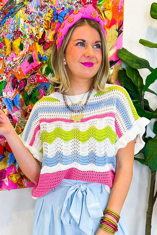 DLLS570 - Ladies White Color Block Crochet Knit Ruffled Short Sleeve Sweater Top