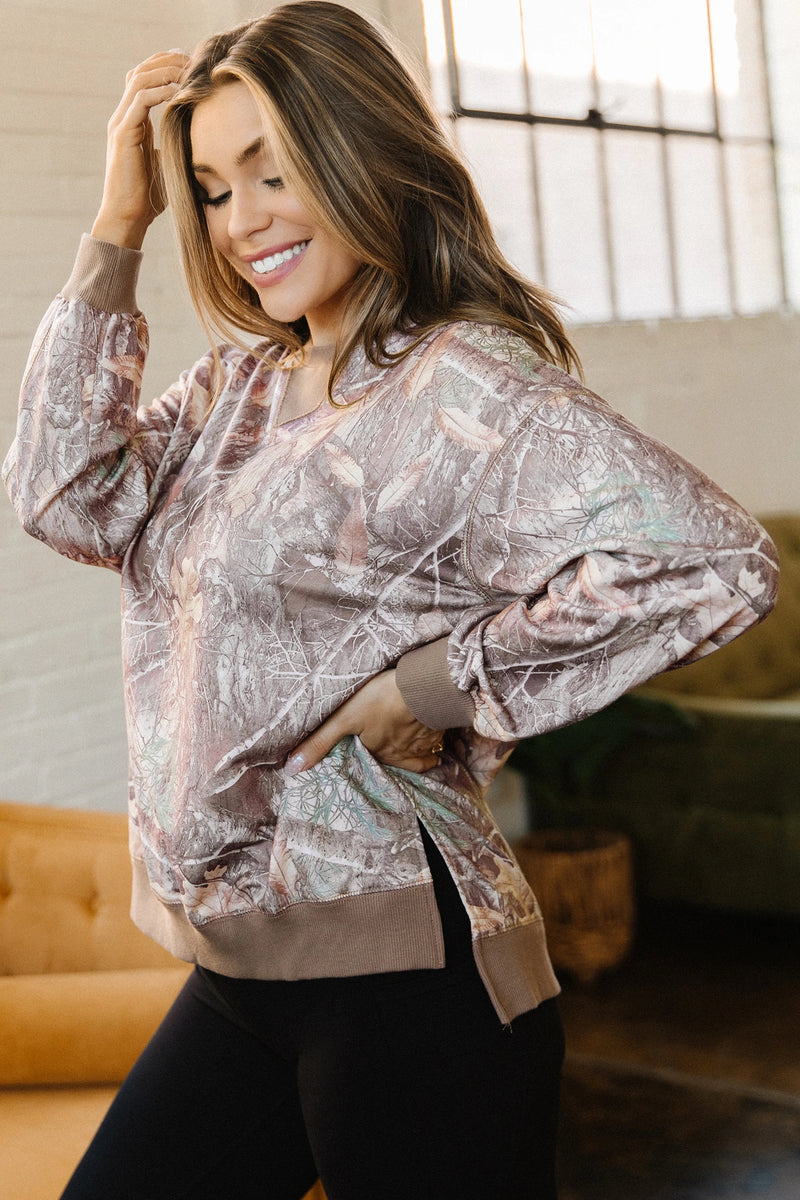 Load image into Gallery viewer, DLLS736 - Ladies Brown Abstract Camo Print Color Block Detail Baggy Pullover Sweatshirt
