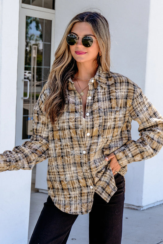 DLLS793 - Ladies Brown Retro Plaid Long Sleeve Button Down Shirt