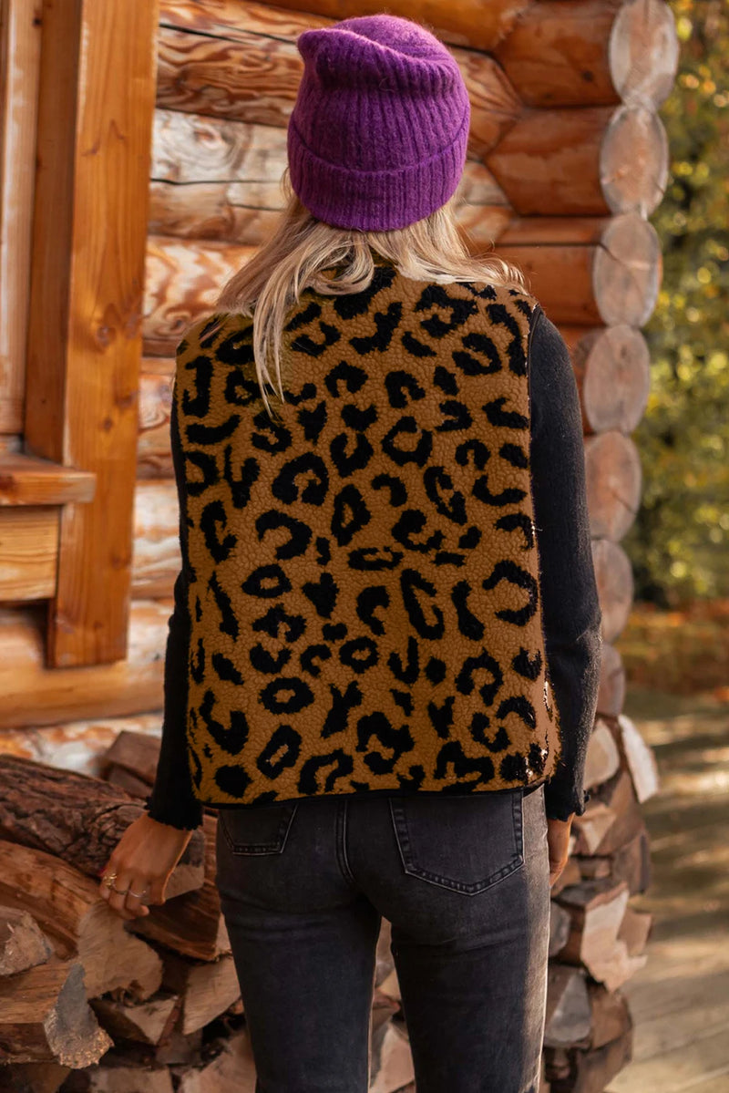 Load image into Gallery viewer, DLLS1148 - Ladies Chestnut Leopard Print Sherpa Vest Coat
