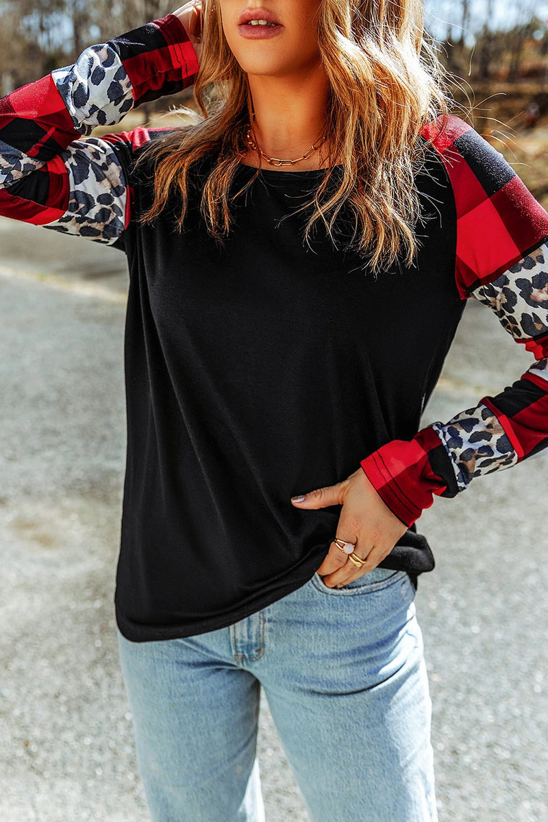 Load image into Gallery viewer, DLLS277 - Ladies Black Off Shoulder Plaid&amp;Leopard Print Long Sleeve Top
