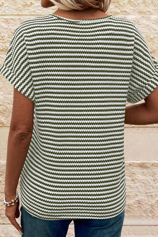 DLLS547 - Ladies Green Stripe Textured Knit Notched Neck Cuffed Short Sleeve Top