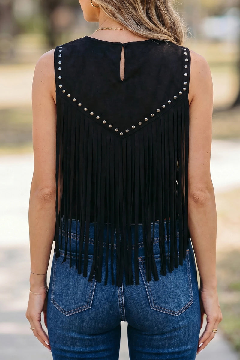 Load image into Gallery viewer, DLLS671 - Ladies Black Button Keyhole Stud Tassel Detail Sleeveless Top
