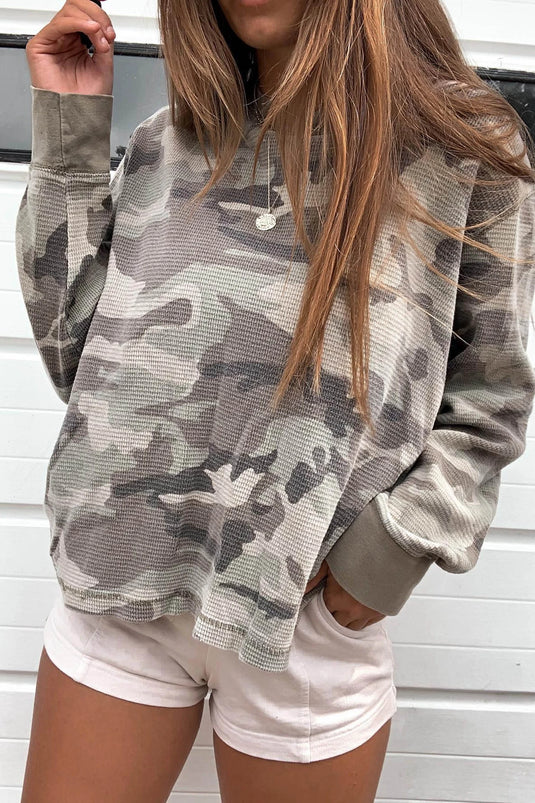 DLLS975 - Ladies Multicolour Western Camo Textured Knit Long Sleeve Top