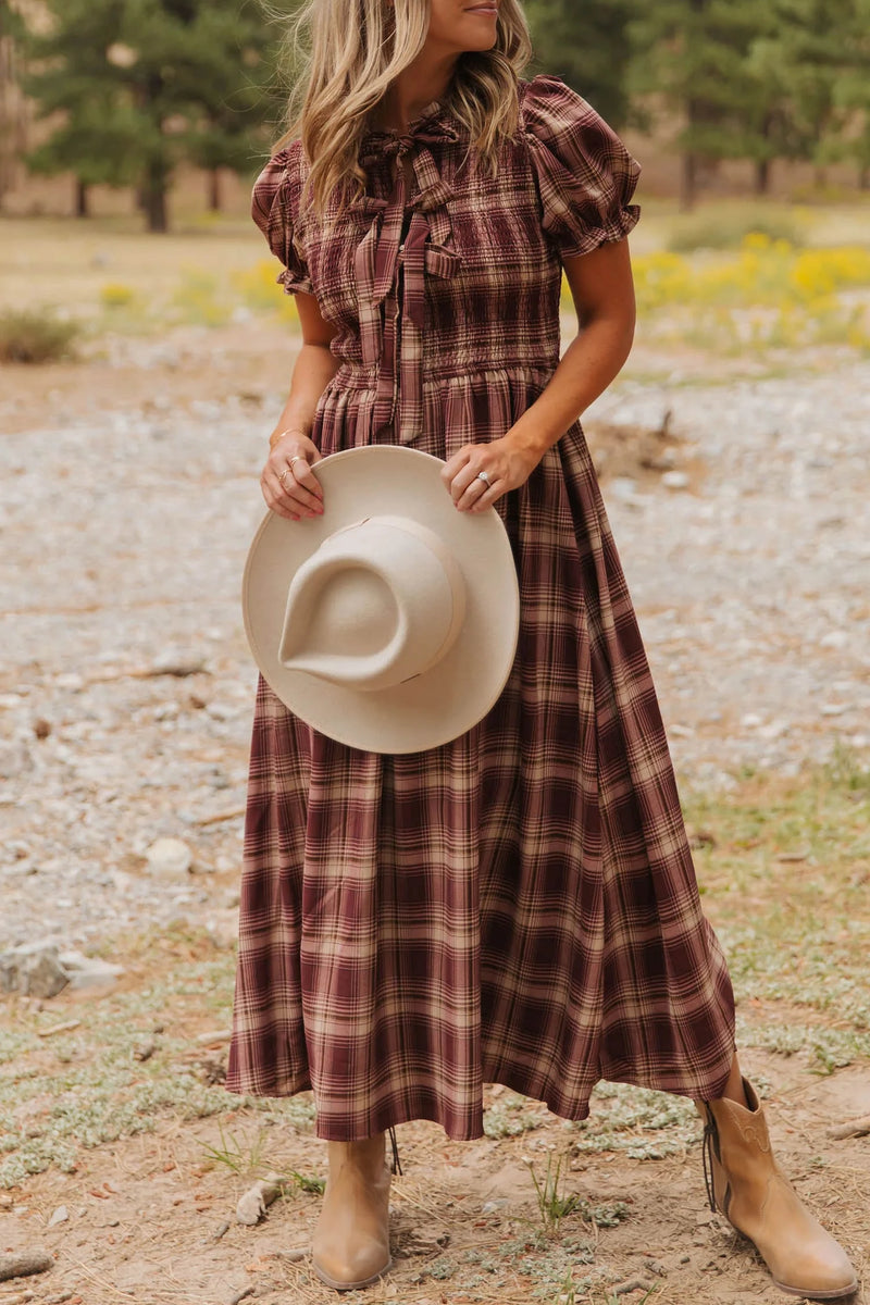 Load image into Gallery viewer, DLLS666 - Ladies Red Vintage Plaid Midi Dress with Puff Sleeves and Tie Neckline for Daily Wear
