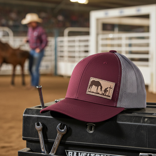 CP119 - Cowboy Prayer Leather Patch Maroon/Grey Cap