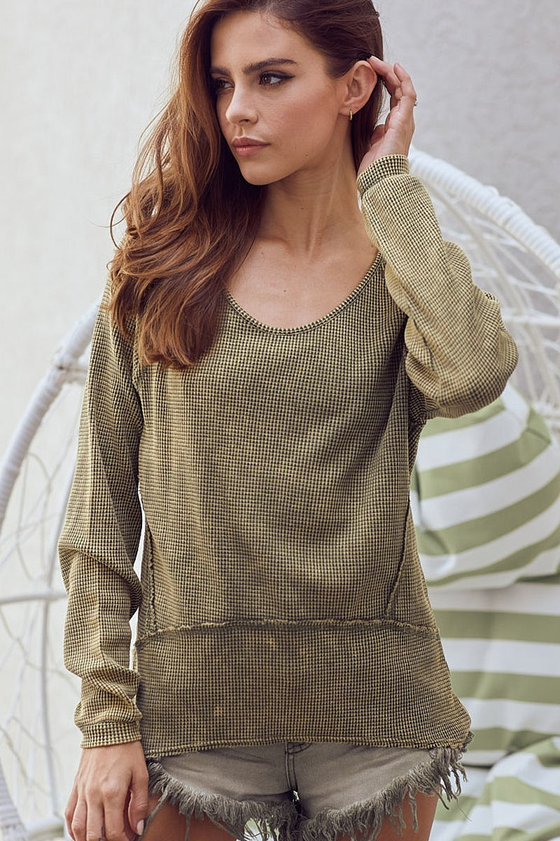 Load image into Gallery viewer, BIBI6- Ladies Washed Thermal Green Top
