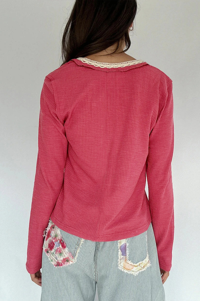 Load image into Gallery viewer, DLLS282 - Ladies Racing Red Ribbed Texture Contrasted Lace Trim Button V Neck Long Sleeve Top
