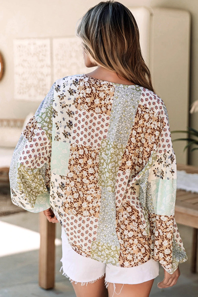 Load image into Gallery viewer, DLLS415 - Ladies Multicolor Floral Patchwork Print Long Puff Sleeve Shirt
