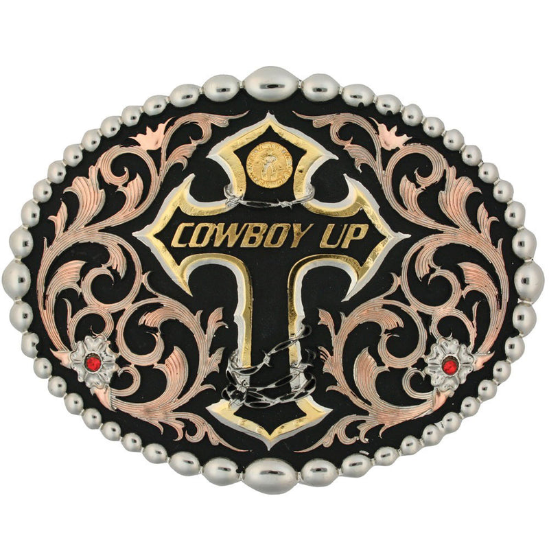 Load image into Gallery viewer, 60990 - Montana Silversmiths Tri Color Cowboy Up Attitude Belt Buckle
