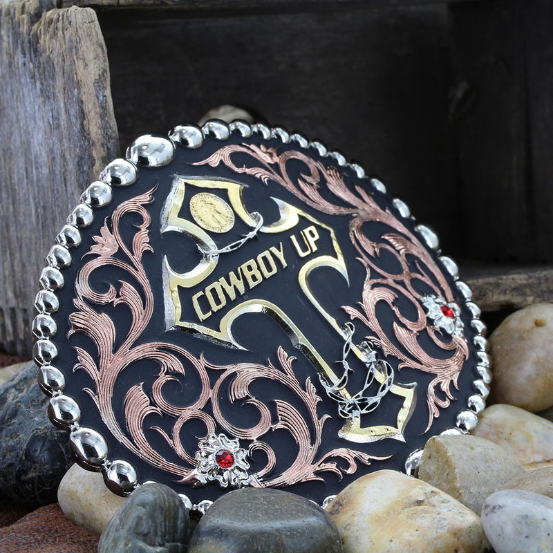 Load image into Gallery viewer, 60990 - Montana Silversmiths Tri Color Cowboy Up Attitude Belt Buckle
