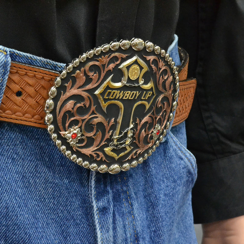 Load image into Gallery viewer, 60990 - Montana Silversmiths Tri Color Cowboy Up Attitude Belt Buckle
