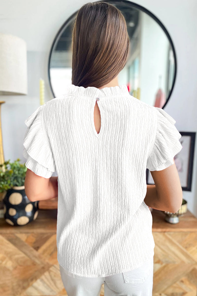 Load image into Gallery viewer, DLLS692 - Ladies White Solid Color Textured Ruffle Trim Short Sleeve Blouse
