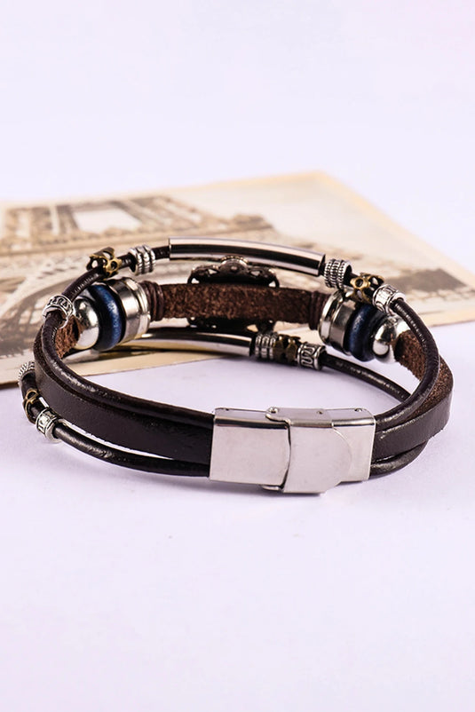 DLLBC 2 - Brown Turquoise Faux Leather Multi-layered Bracelet