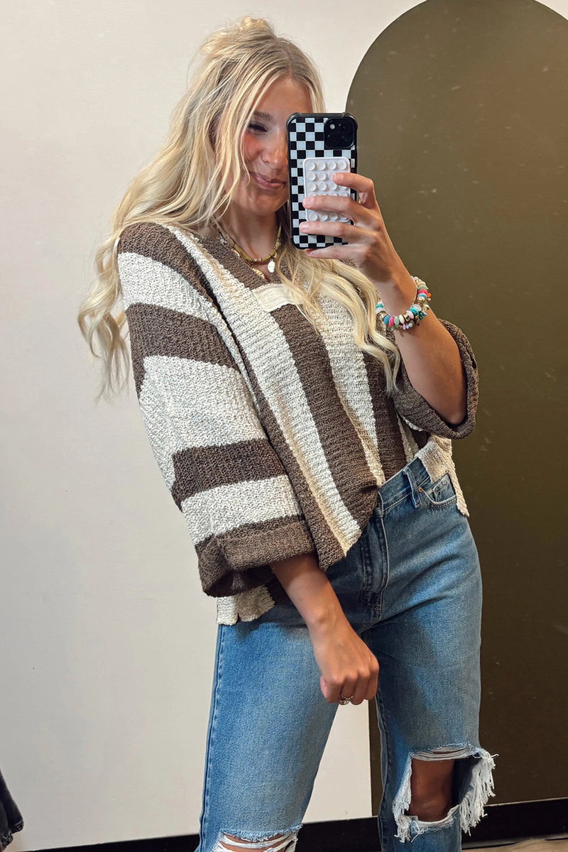 Load image into Gallery viewer, DLLS410 - Ladies Brown Stripe Colorblock V Neck Bracelet Sleeve Sweater
