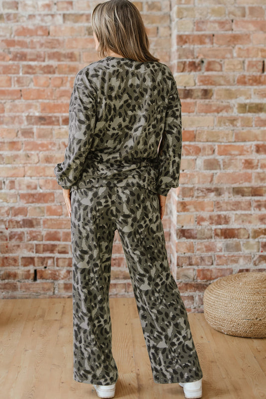 DLLS1018 - Ladies Gray Leopard Print Seam Patchwork Pullover Drawstring Loose Pant Set