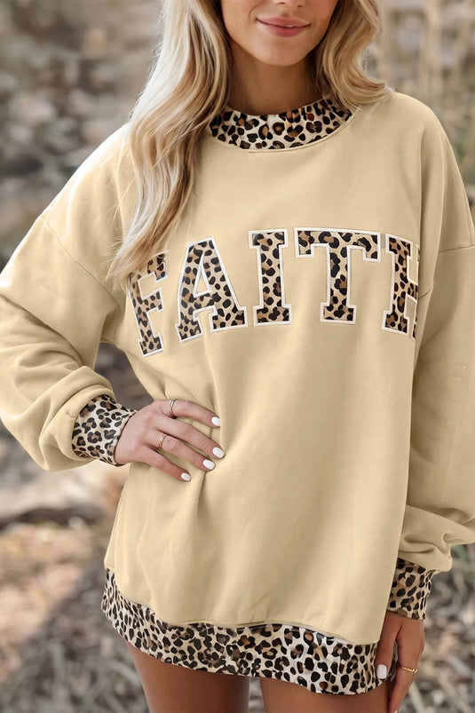 DLLS1025 - Ladies Leopard Trim High Neck FAITH Letter Graphic Baggy Sweatshirt