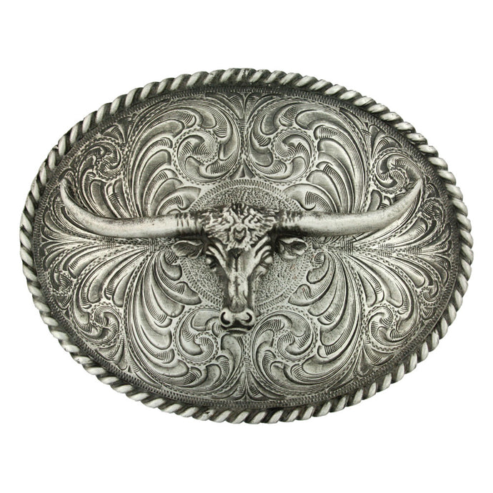 61028 - Montana Silversmiths Oval Longhorn Classic Antiqued Attitude Belt Buckle