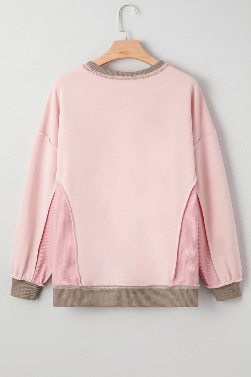 Load image into Gallery viewer, DLLS316 - Ladies Light Pink Heart Bow Embroidered Exposed Seam Waffled Patchwork Sweatshirt

