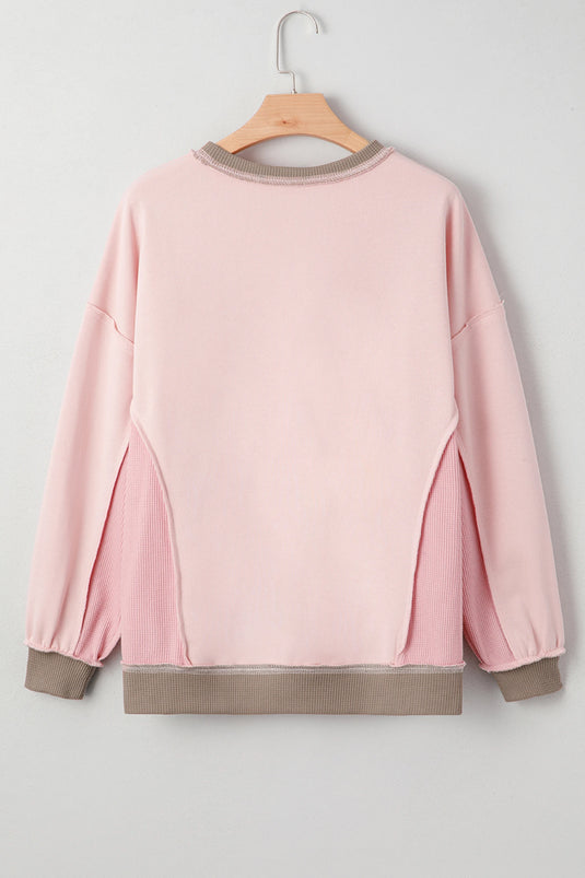 DLLS316 - Ladies Light Pink Heart Bow Embroidered Exposed Seam Waffled Patchwork Sweatshirt