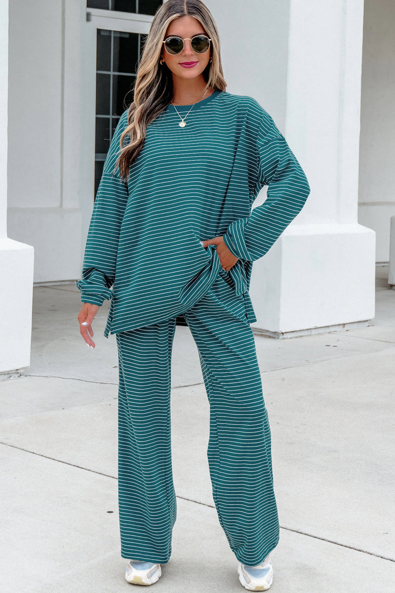 Load image into Gallery viewer, DLLS1085 - Ladies Green Stripe Long Sleeve Top Elastic Waist Pants Casual 2pcs Set
