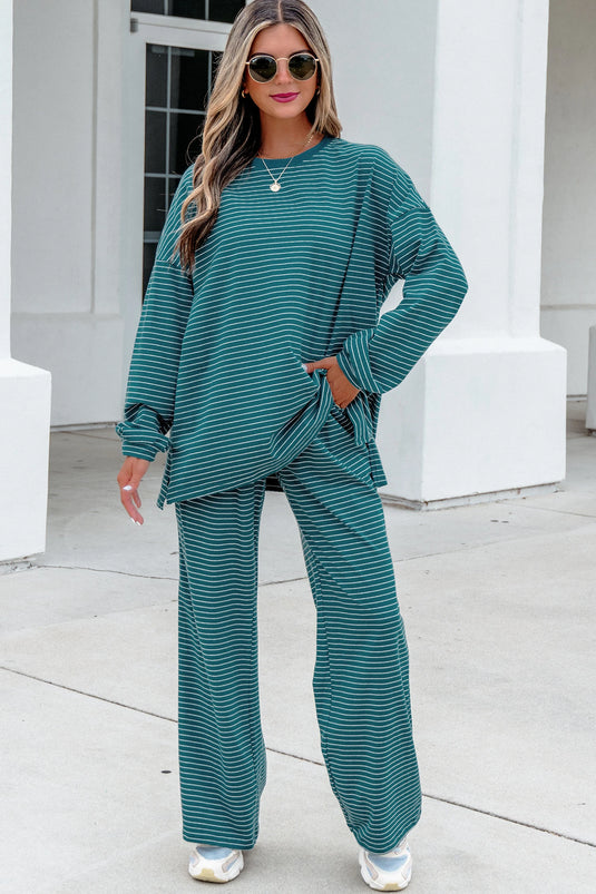 DLLS1085 - Ladies Green Stripe Long Sleeve Top Elastic Waist Pants Casual 2pcs Set