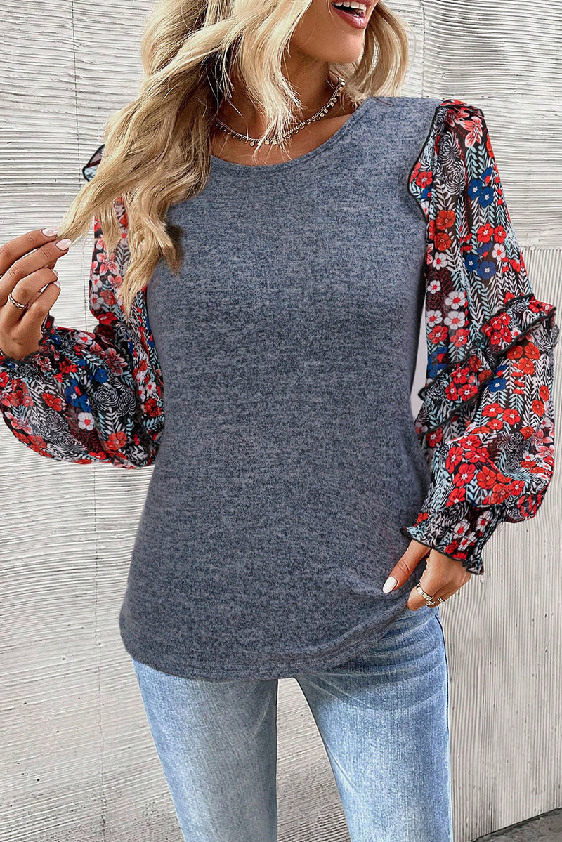 Load image into Gallery viewer, DLLS114 - Ladies Blue Pale Chestnut Ruffle Tiered Floral Sleeve Crew Neck Blouse
