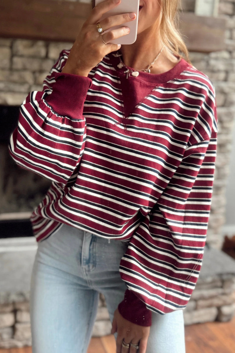 Load image into Gallery viewer, DLLS1022 - Ladies Red Stripe Dropped Shoulder Long Puff Sleeve Top

