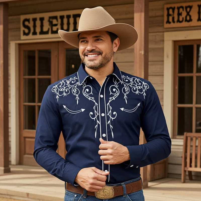 Load image into Gallery viewer, NIHMEN 4 - Men&#39;s Blue Embroidered Western Shirt
