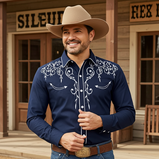 NIHMEN 4 - Men's Blue Embroidered Western Shirt