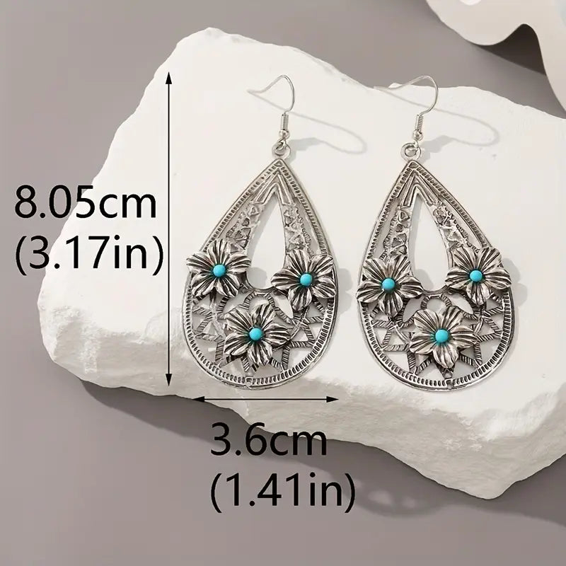 Load image into Gallery viewer, TMER69 - Turquoise &amp; Flowers Open Design Earrings

