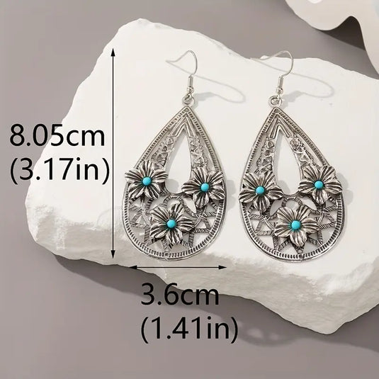 TMER69 - Turquoise & Flowers Open Design Earrings