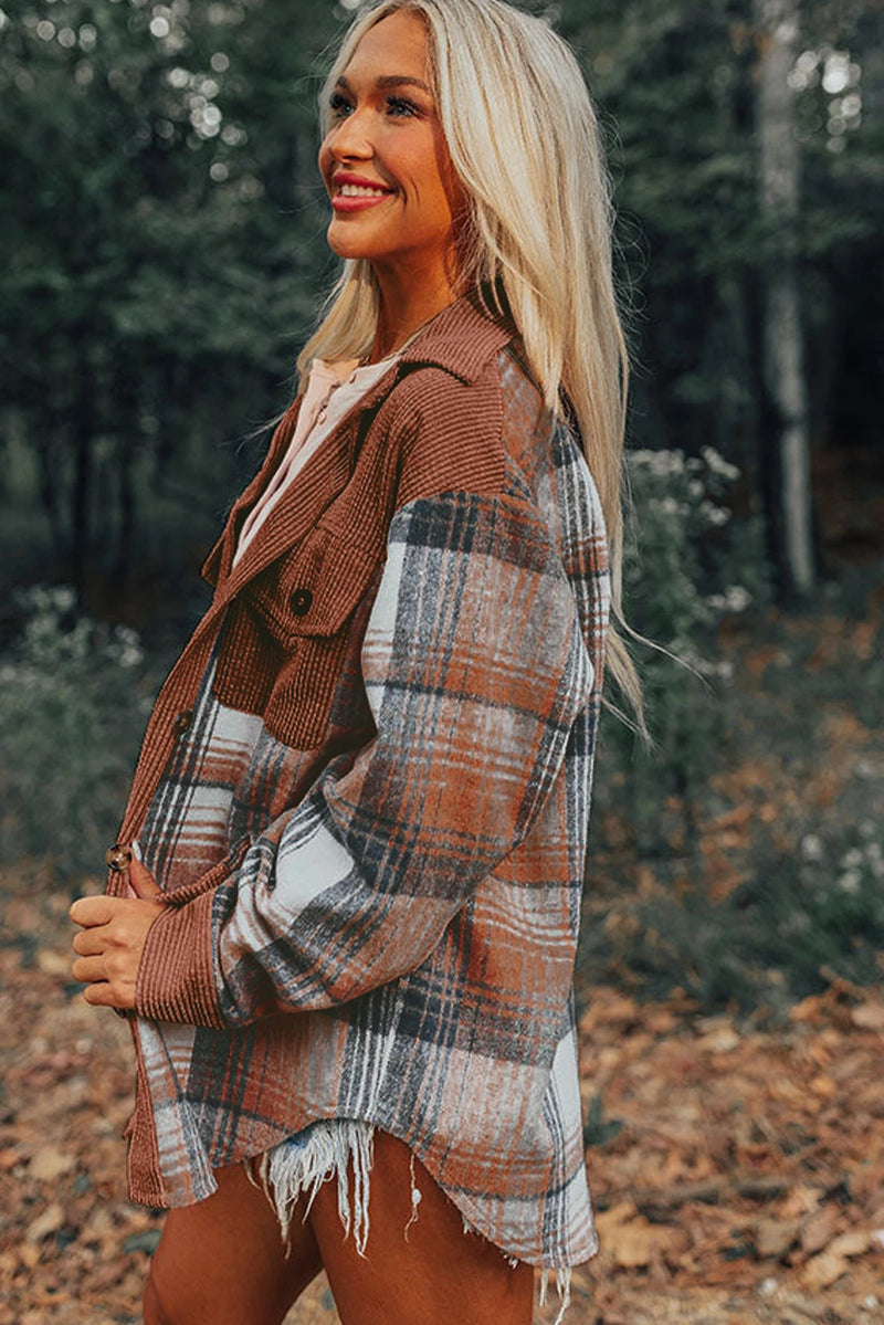 Load image into Gallery viewer, DLLS311 - Ladies Cinnamon Plaid Corduroy Patchwork Chest Pocket Shacket
